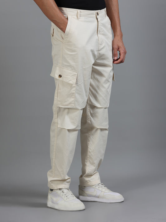 Men Cotton Relaxed Fit Cargo Trousers, Light Beige SILISOUL