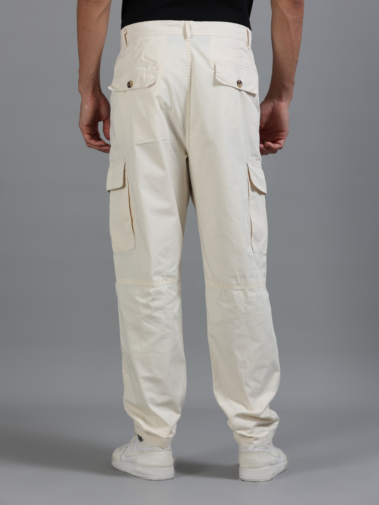 Men Cotton Relaxed Fit Cargo Trousers, Light Beige