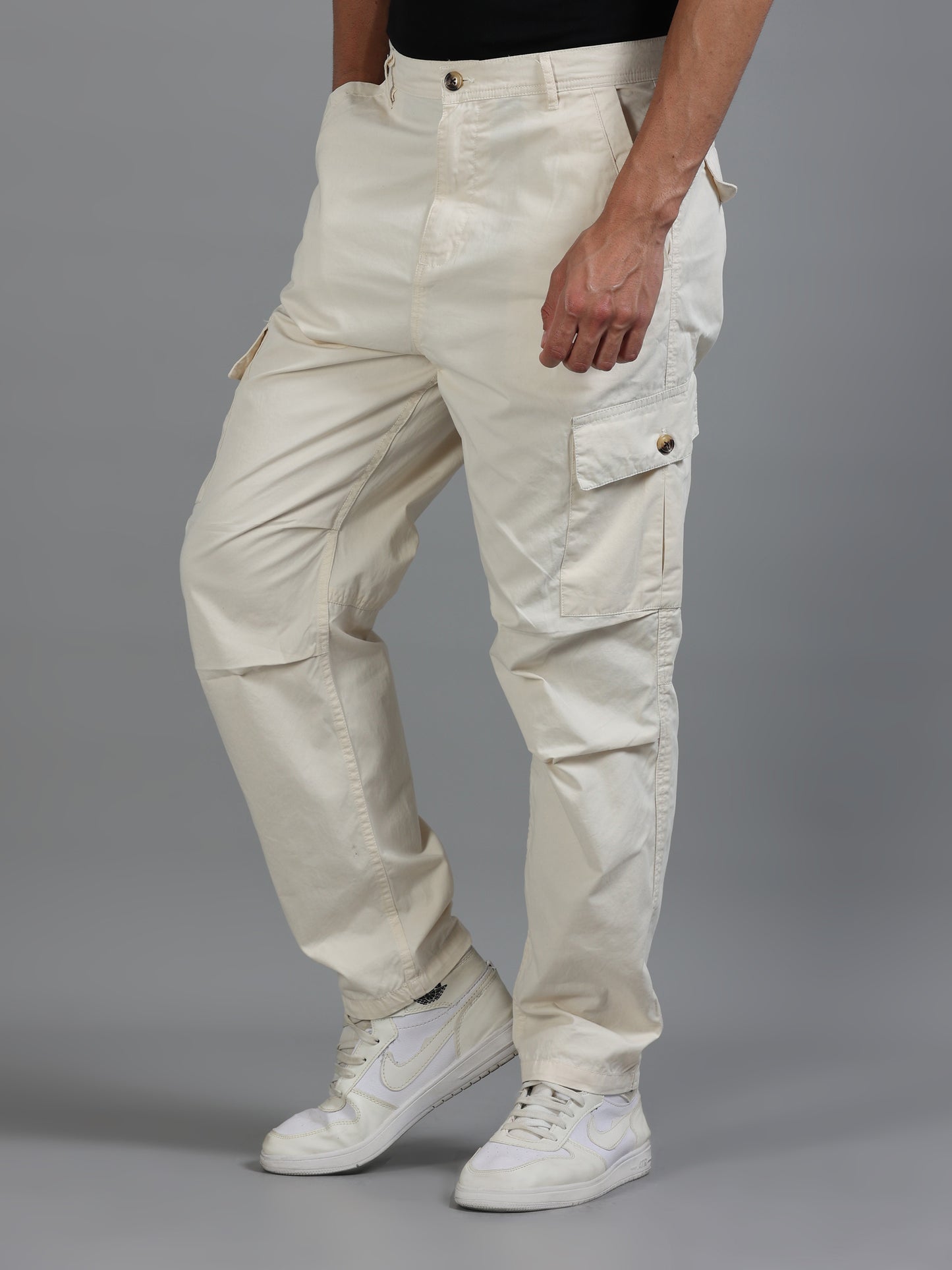 Men Cotton Relaxed Fit Cargo Trousers, Light Beige