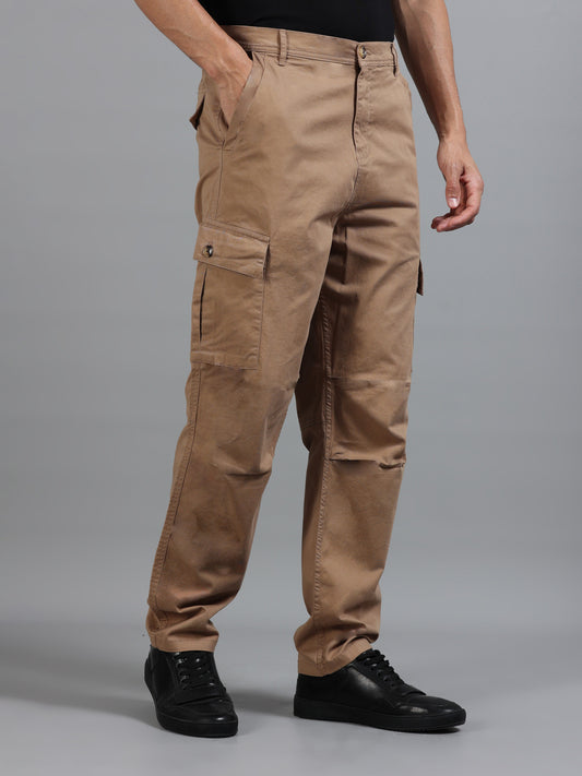 Men Cotton Relaxed Fit Cargo Trousers, Khaki