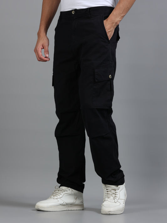 Men Cotton Relaxed Fit Cargo Trousers, Black