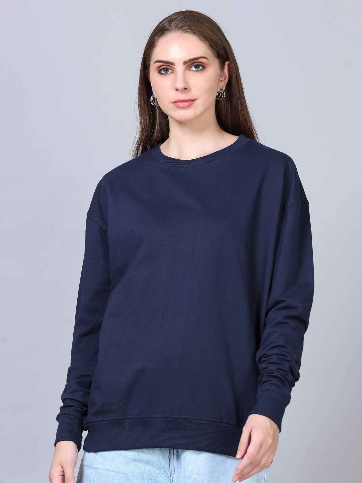 Women Navy Blue Long Sleeve Solid Oversized T-Shirt