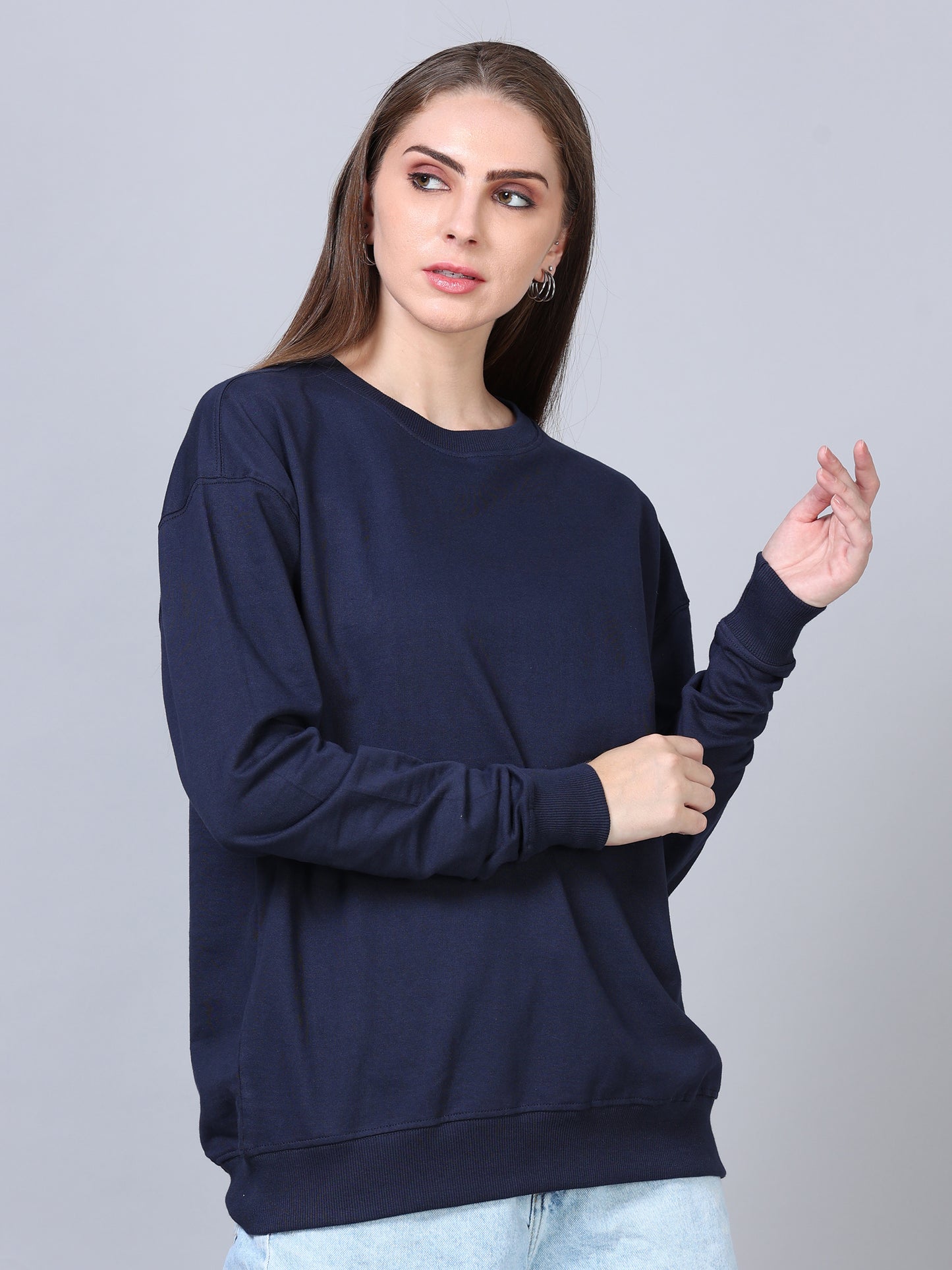 Women Navy Blue Long Sleeve Solid Oversized T-Shirt