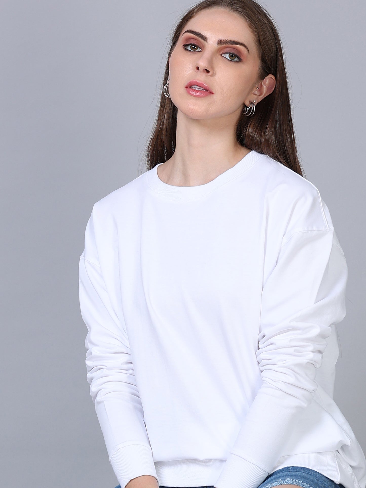 Women White Long Sleeve Solid Oversized T-Shirt