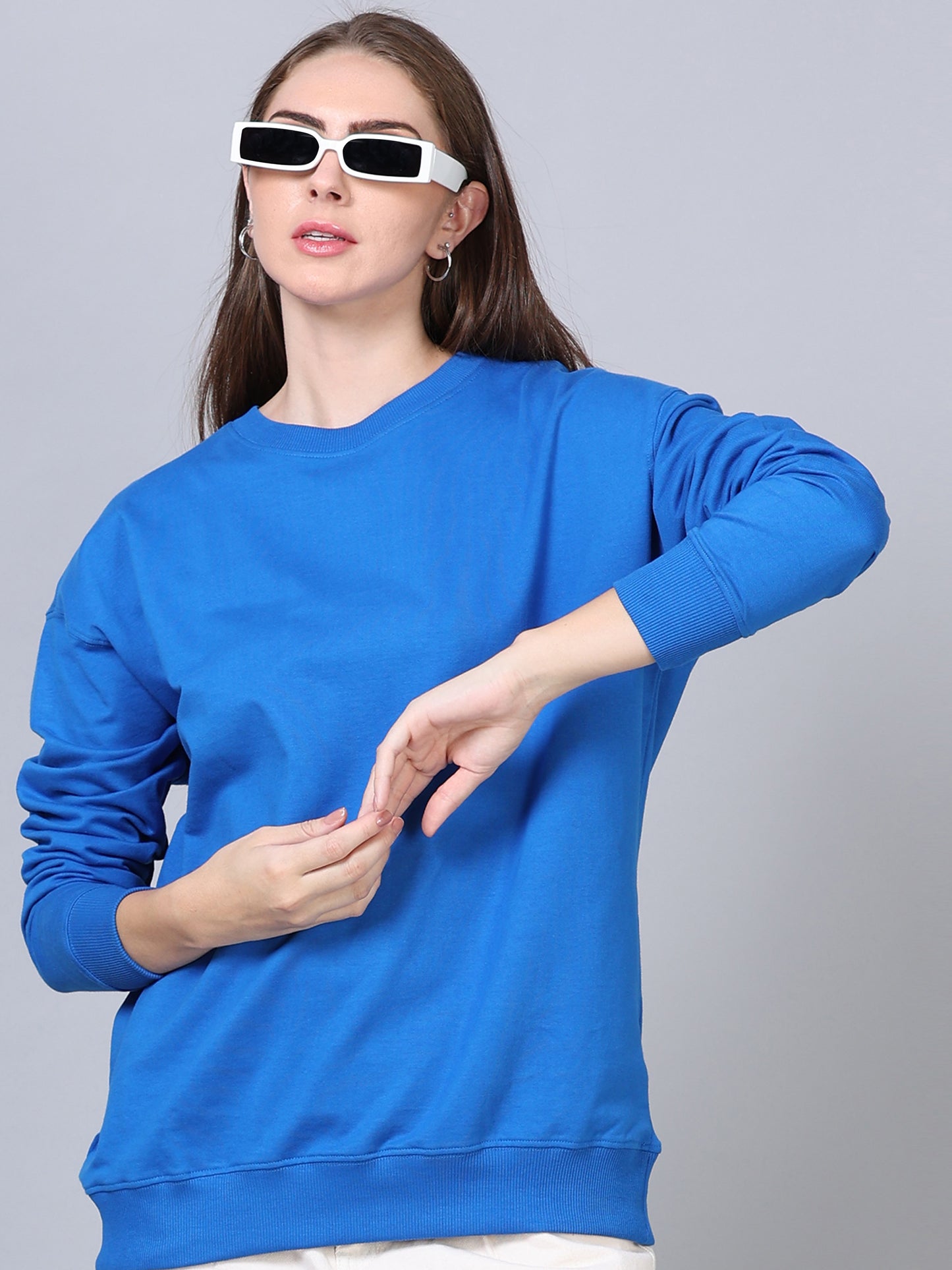 Women Royal Blue Long Sleeve Solid Oversized T-Shirt SILISOUL