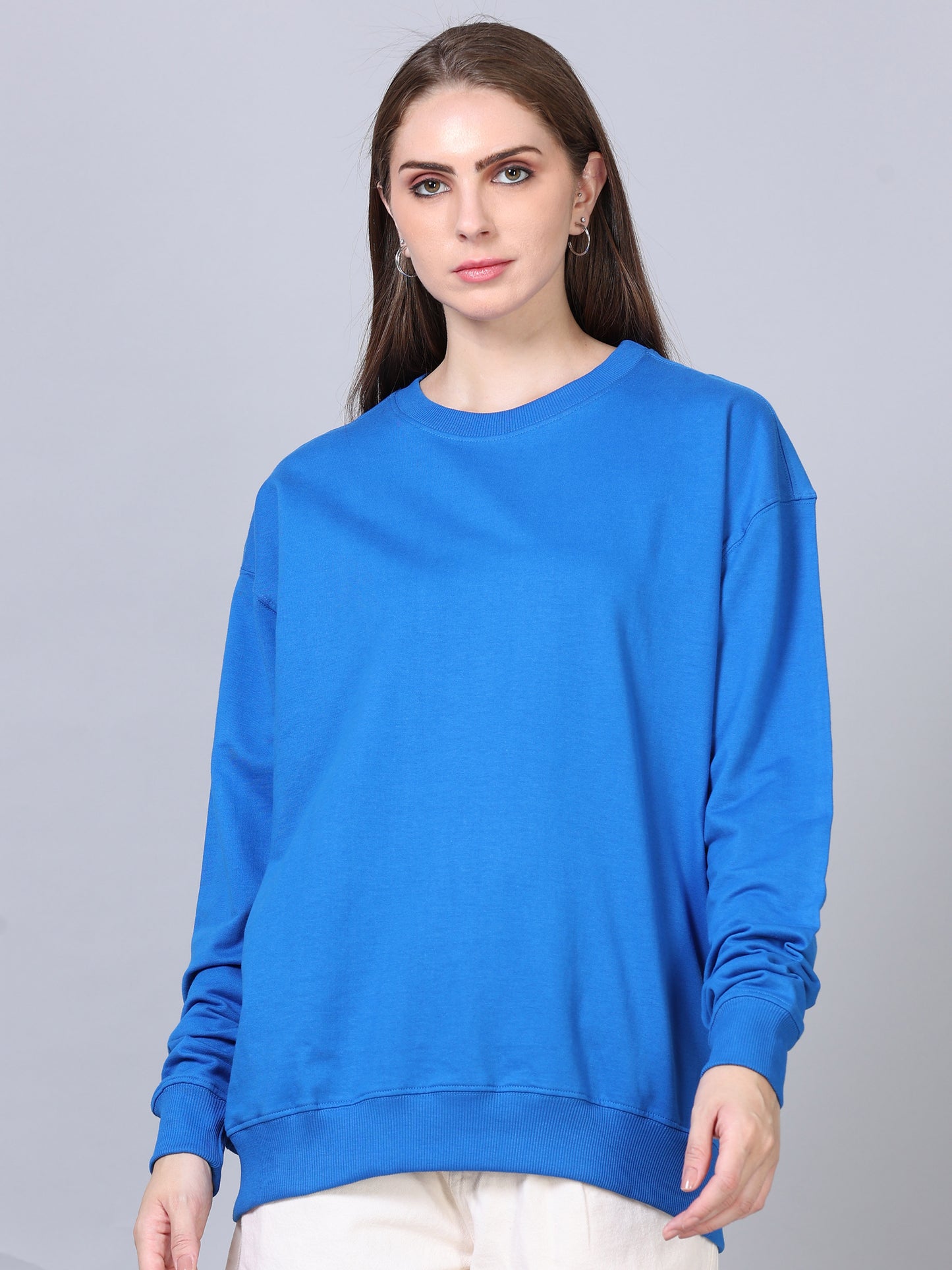 Women Royal Blue Long Sleeve Solid Oversized T-Shirt