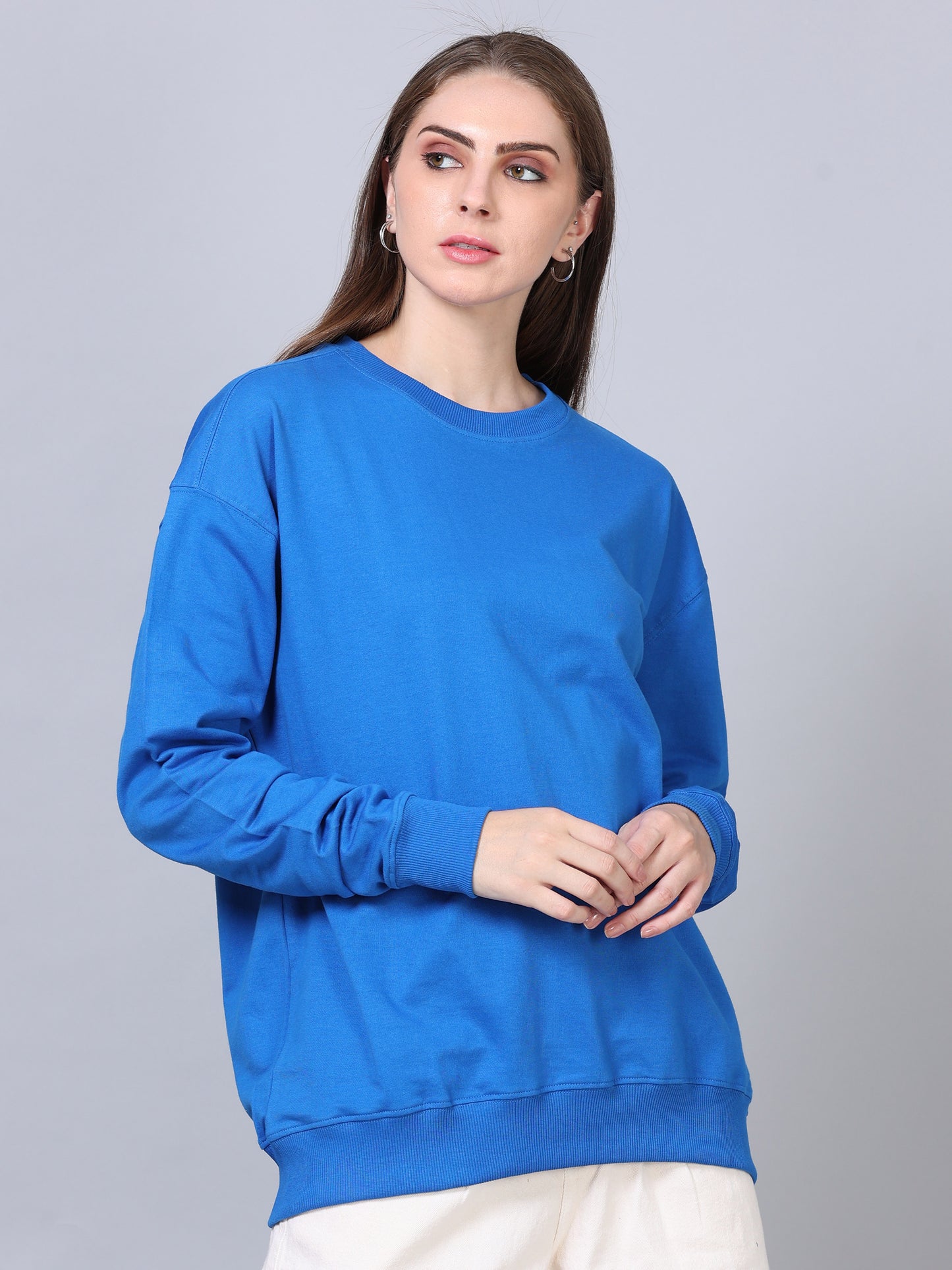 Women Royal Blue Long Sleeve Solid Oversized T-Shirt