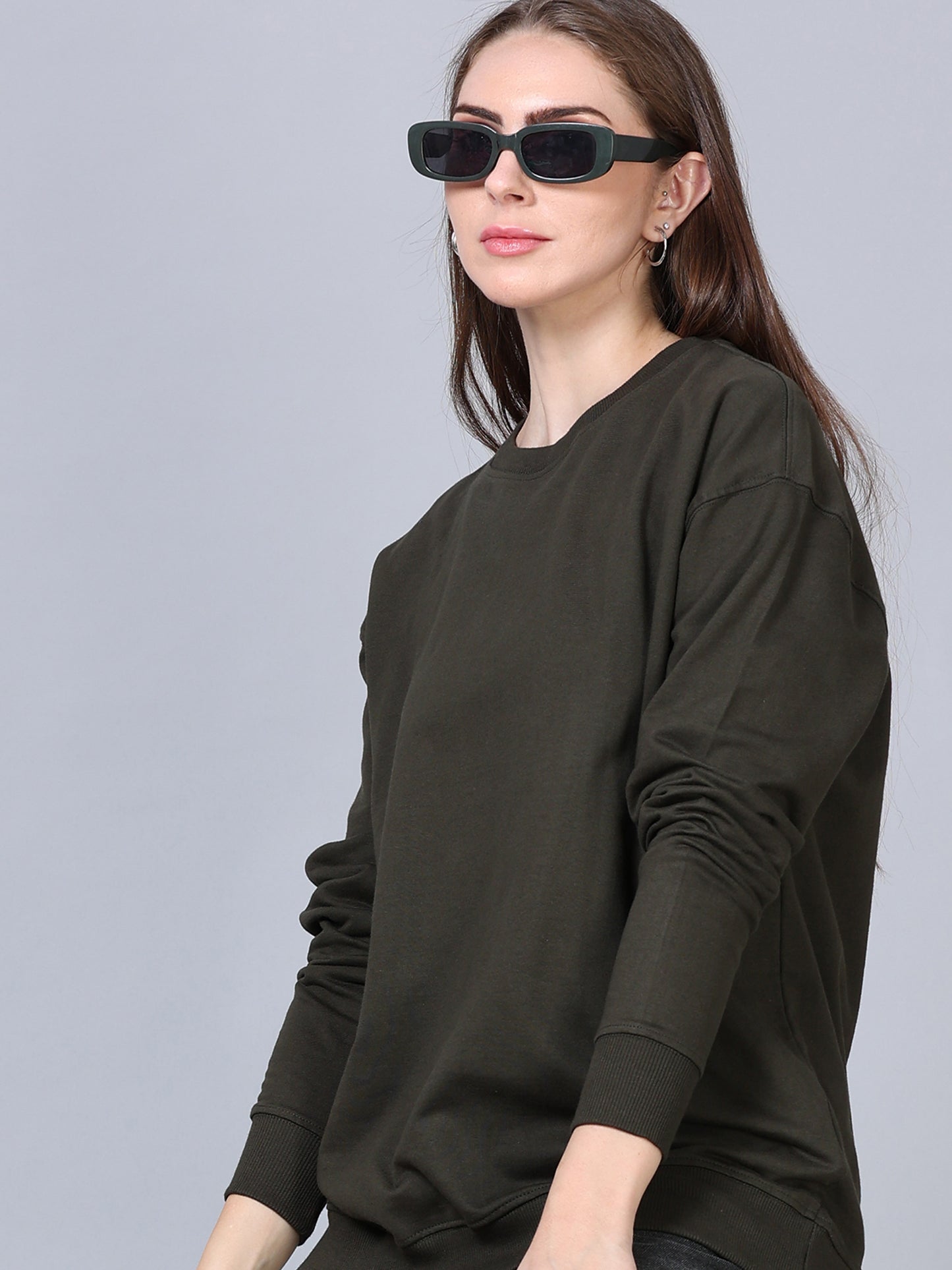 Women Dark Olive Long Sleeve Solid Oversized T-Shirt