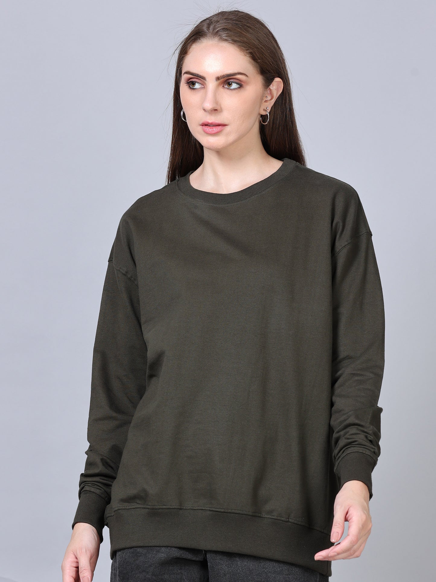 Women Dark Olive Long Sleeve Solid Oversized T-Shirt SILISOUL