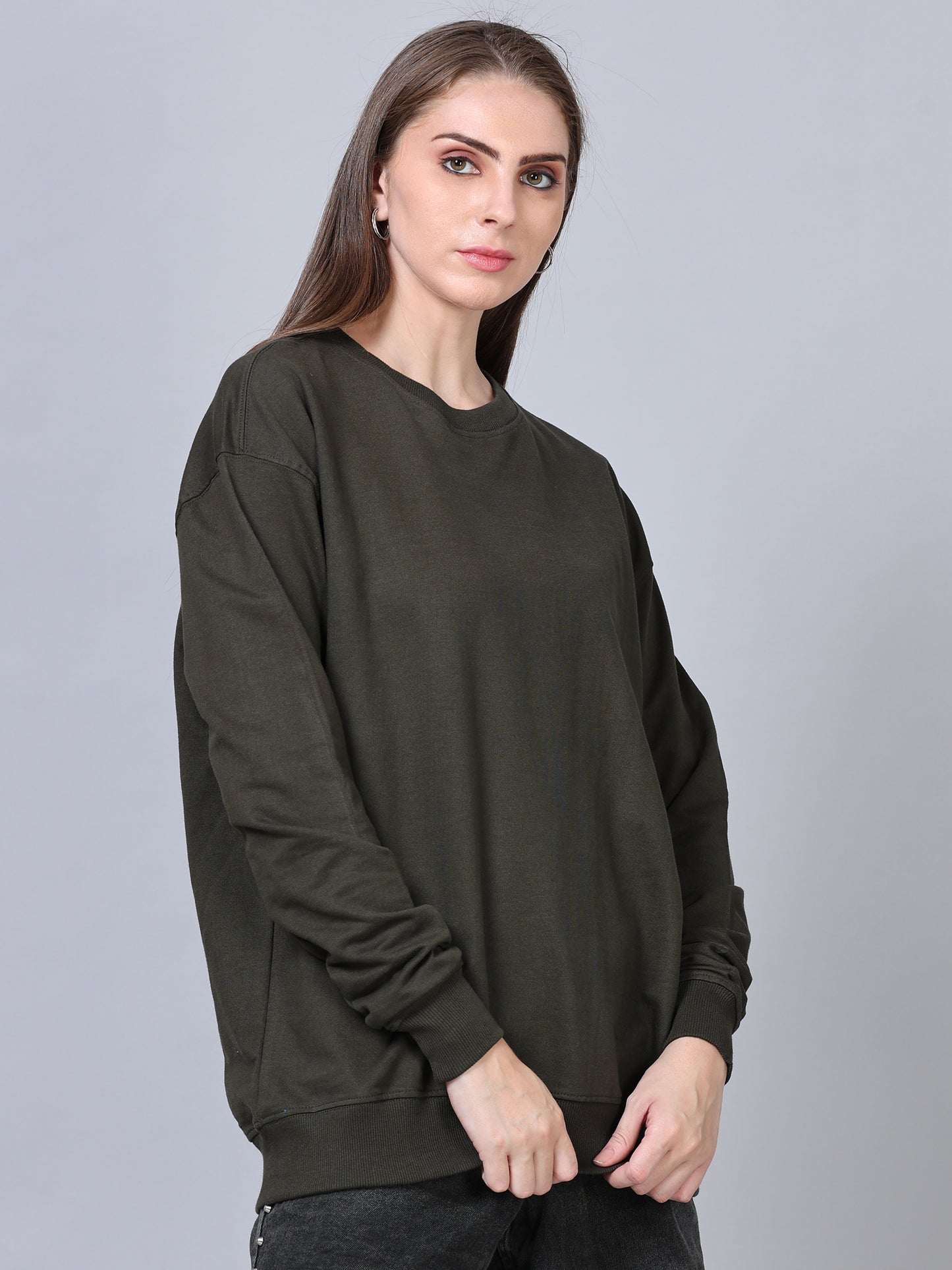 Women Dark Olive Long Sleeve Solid Oversized T-Shirt