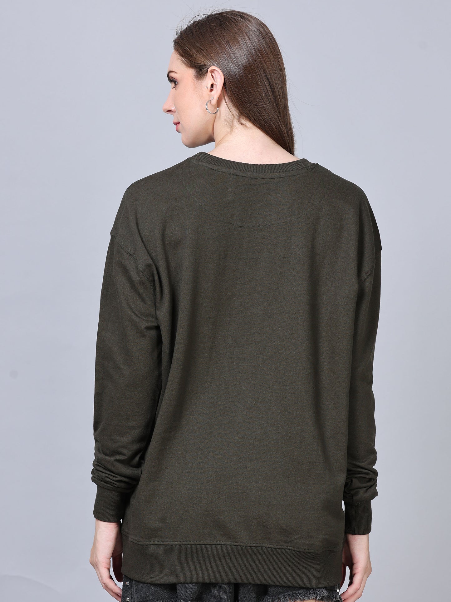 Women Dark Olive Long Sleeve Solid Oversized T-Shirt SILISOUL