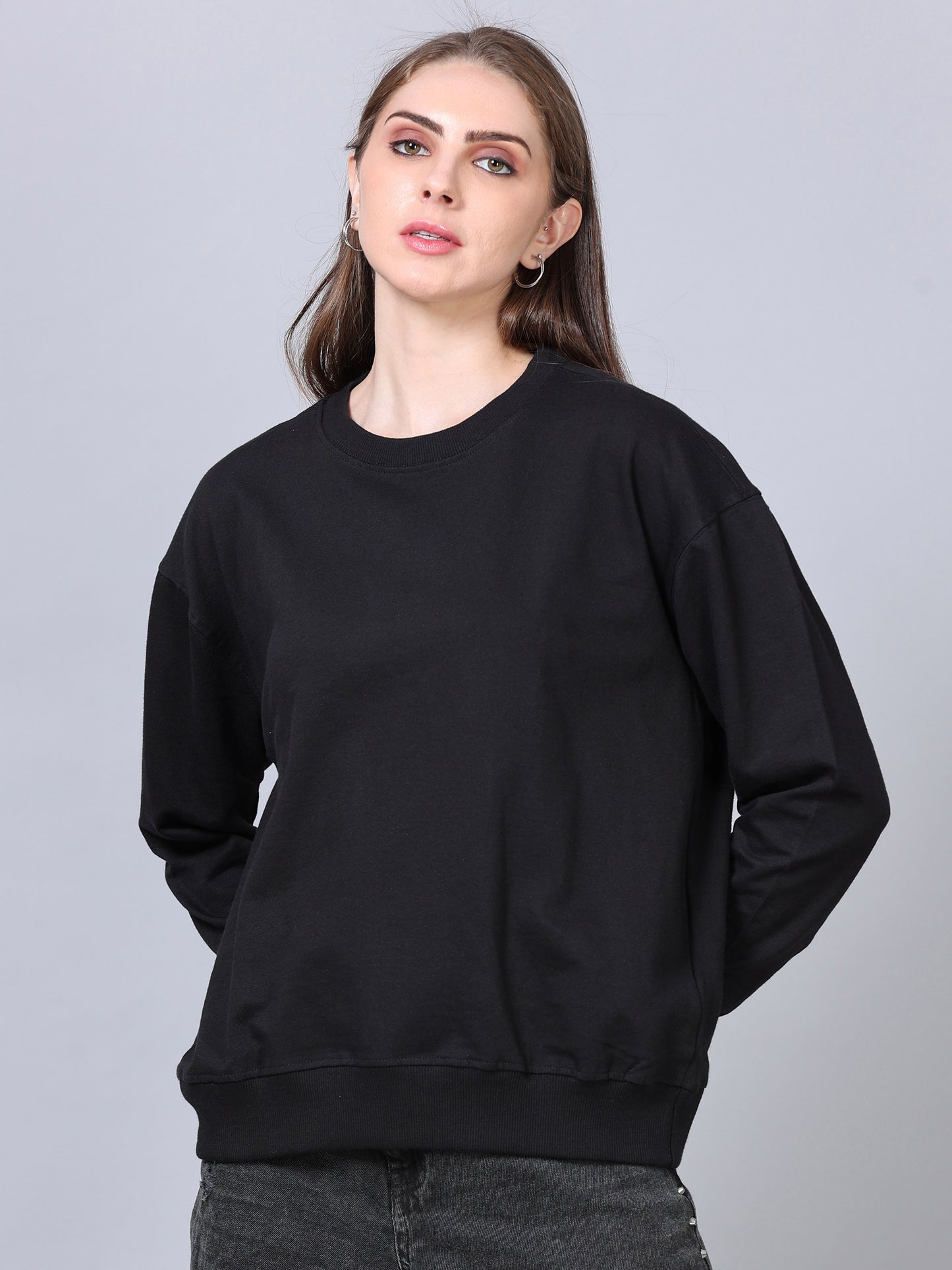Women Black Long Sleeve Solid Oversized T-Shirt
