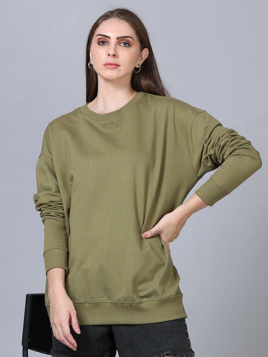 Women Olive Long Sleeve Solid Oversized T-Shirt