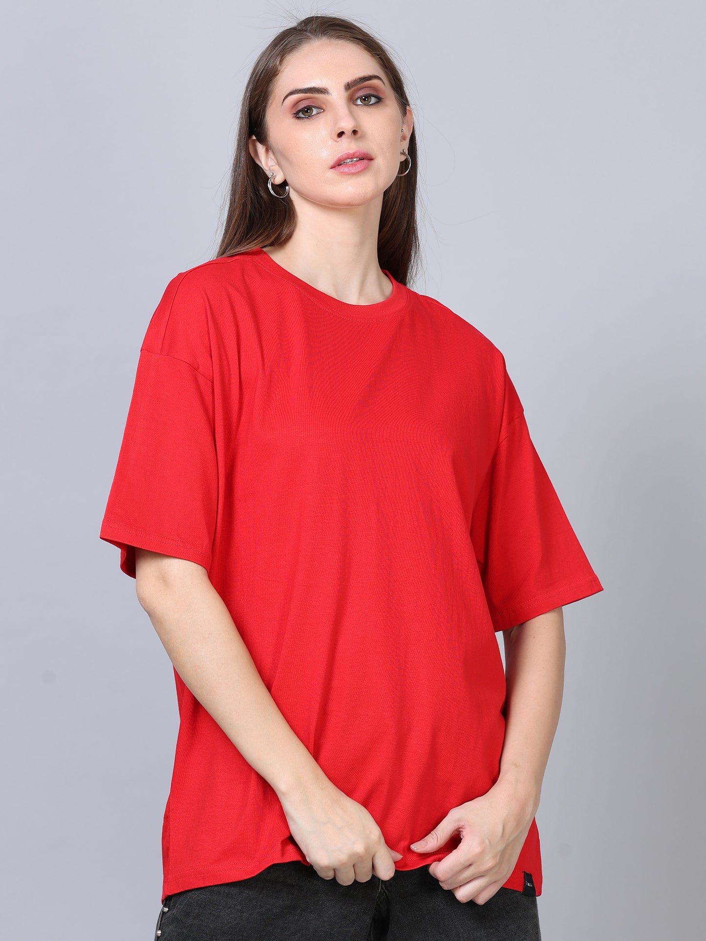 Women Red Solid Oversized T-Shirt