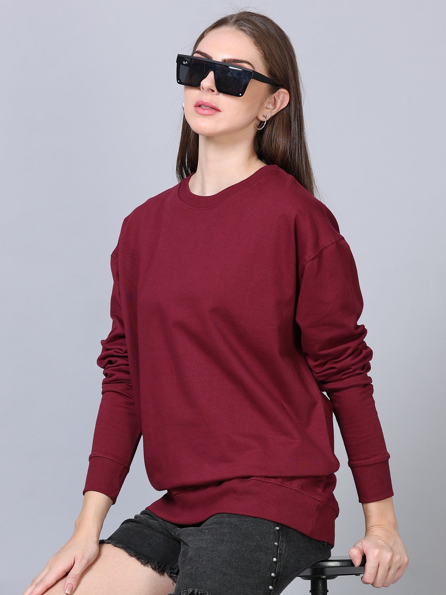 Women Maroon Long Sleeve Solid Oversized T-Shirt SILISOUL