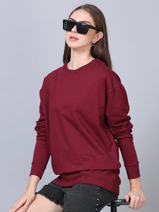 Women Maroon Long Sleeve Solid Oversized T-Shirt