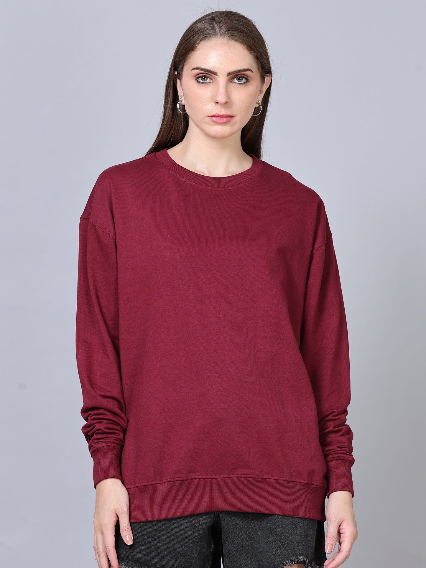 Women Maroon Long Sleeve Solid Oversized T-Shirt