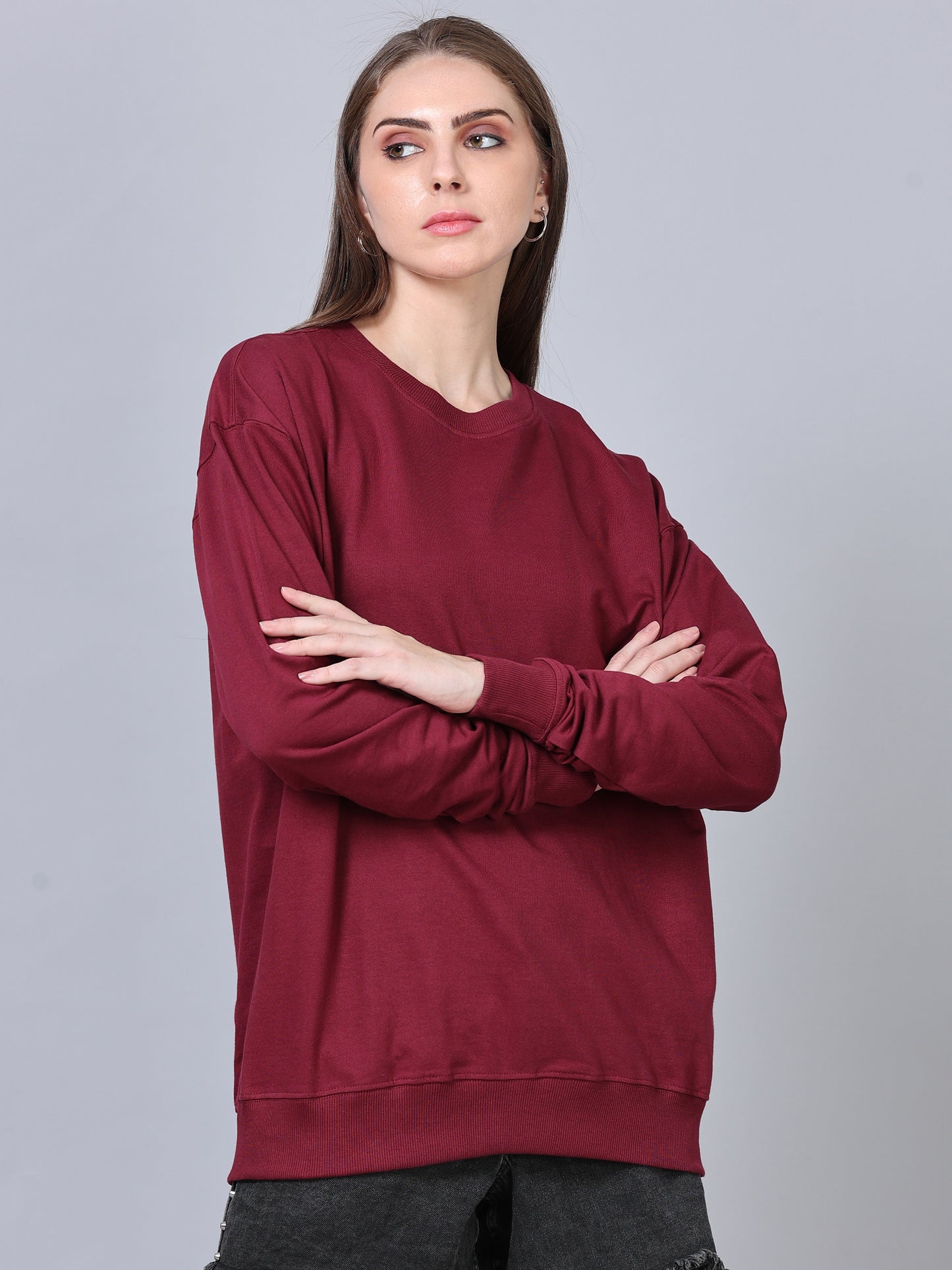 Women Maroon Long Sleeve Solid Oversized T-Shirt