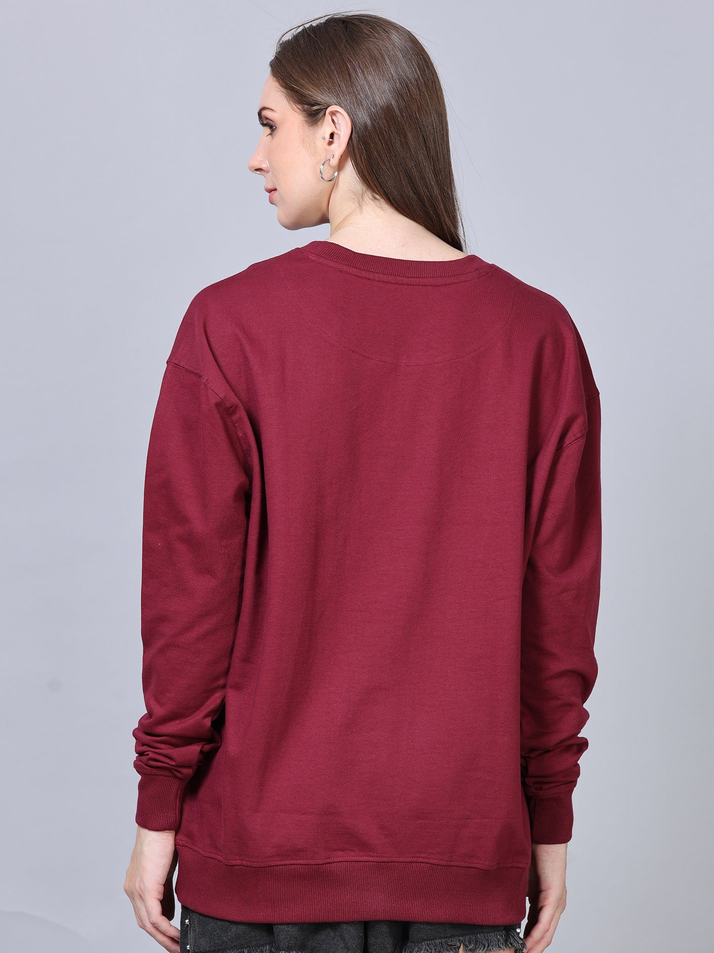 Women Maroon Long Sleeve Solid Oversized T-Shirt