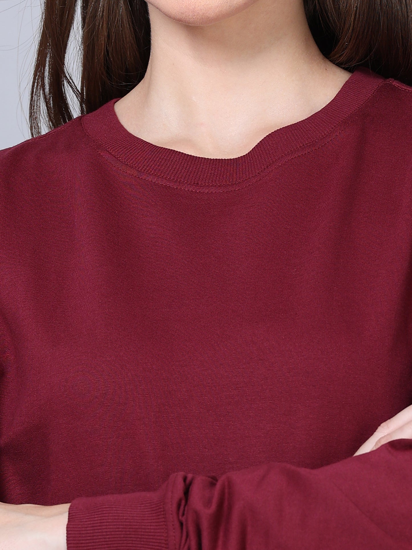 Women Maroon Long Sleeve Solid Oversized T-Shirt