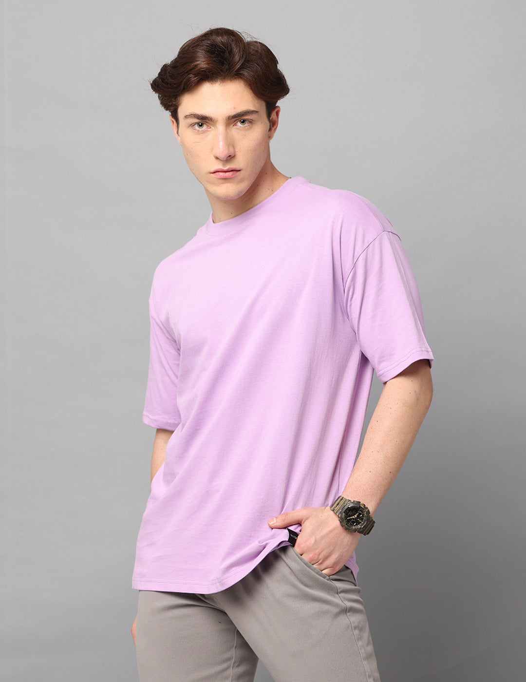 Men Lavender Solid Oversized T-Shirt