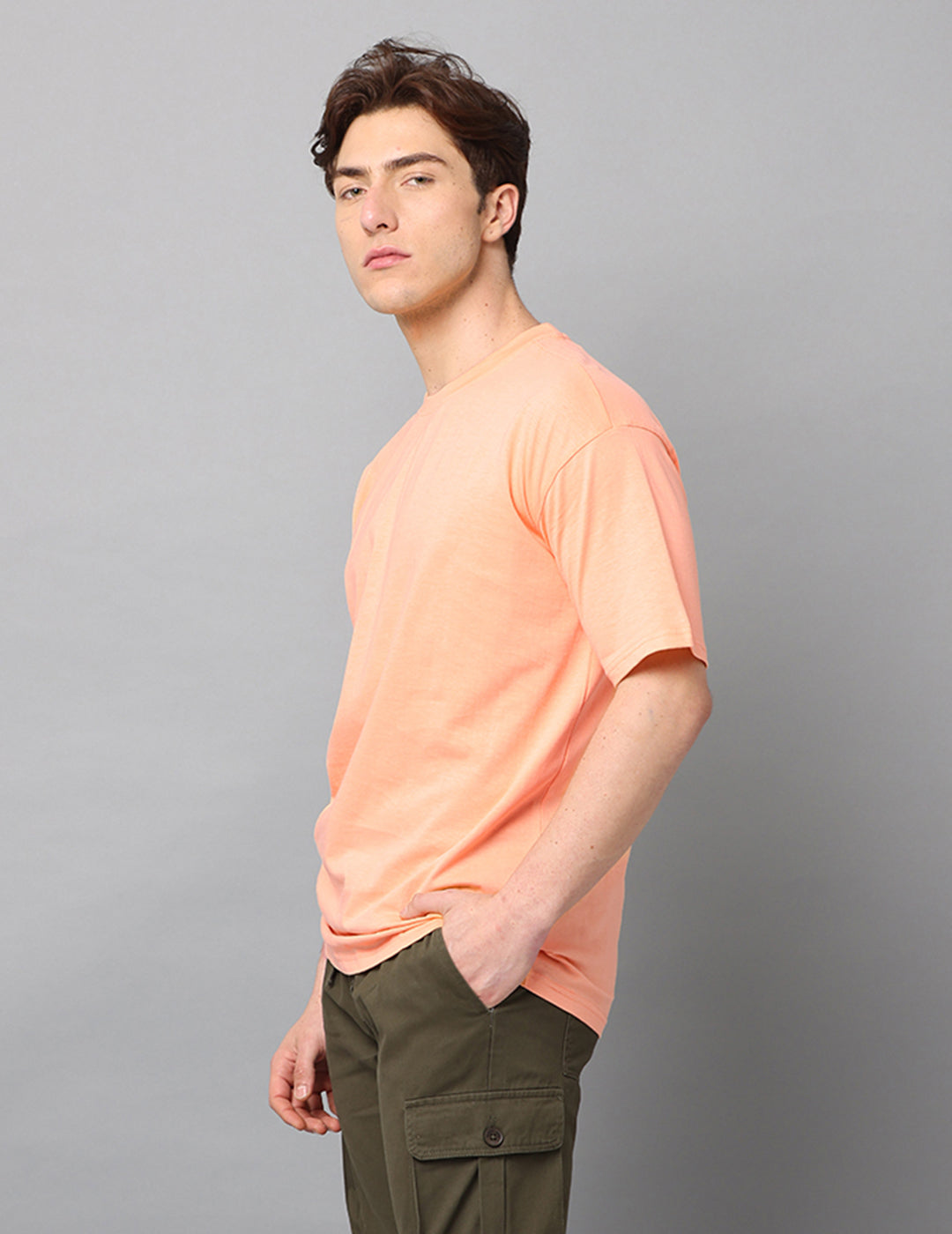 Men Peach Solid Oversized T-Shirt