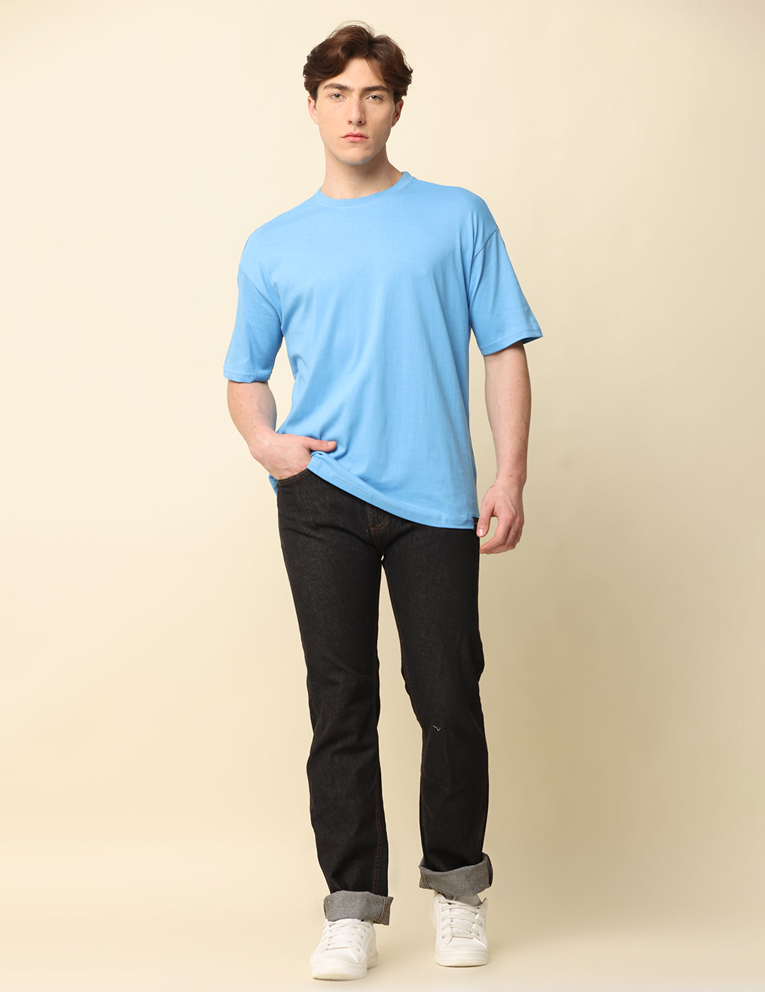 Men Sky Blue Solid Oversized T-Shirt