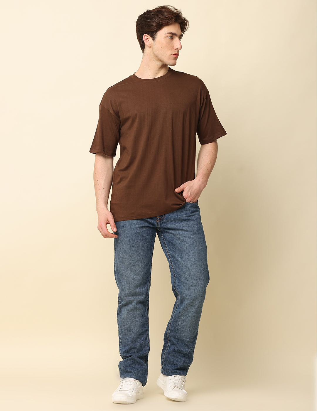 Men Brown Solid Oversized T-Shirt