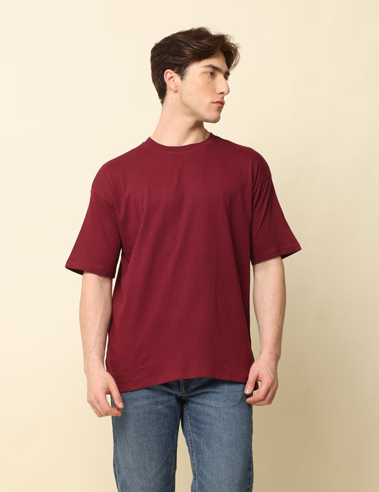 Men Maroon Solid Oversized T-Shirt