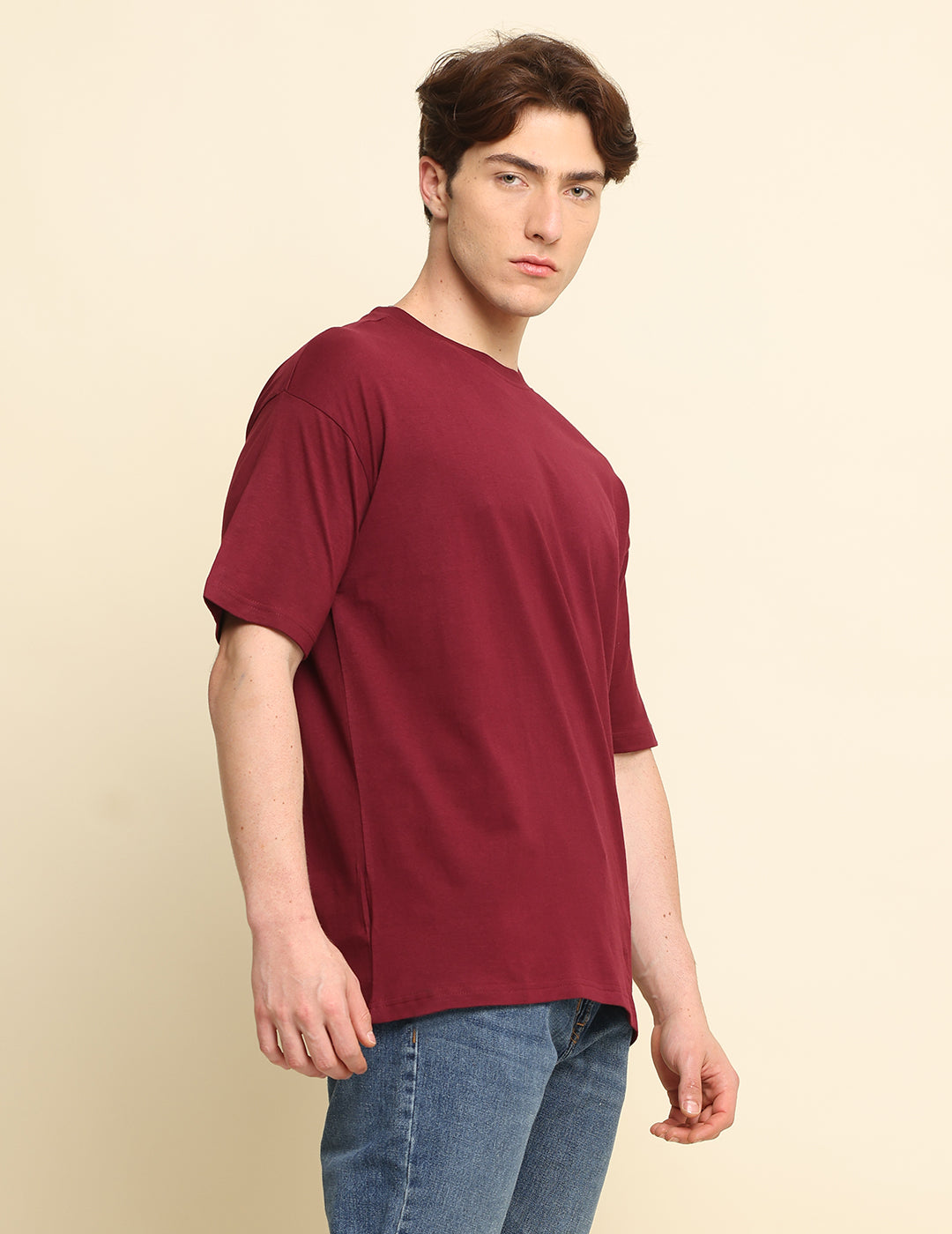 Men Maroon Solid Oversized T-Shirt SILISOUL