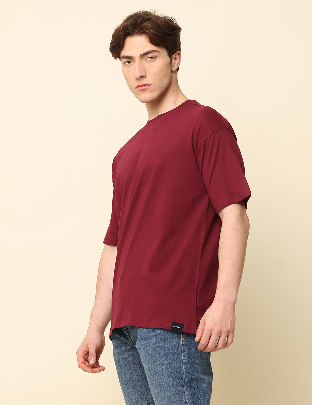 Men Maroon Solid Oversized T-Shirt SILISOUL