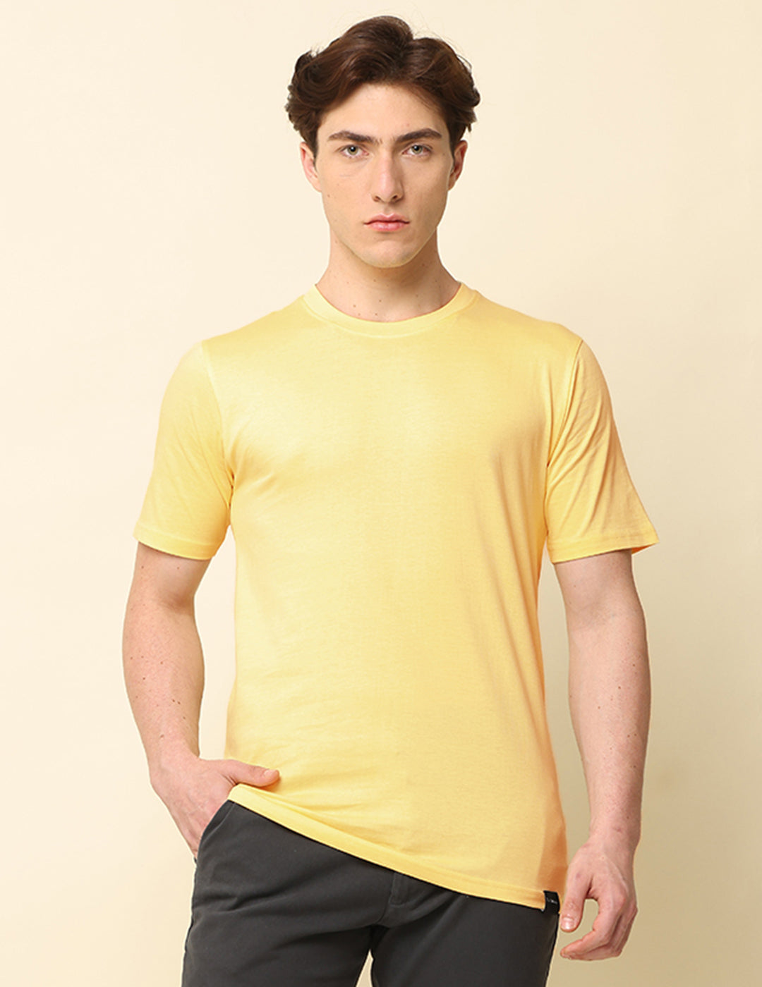 Men Light Yellow Solid Regular Fit T-Shirt