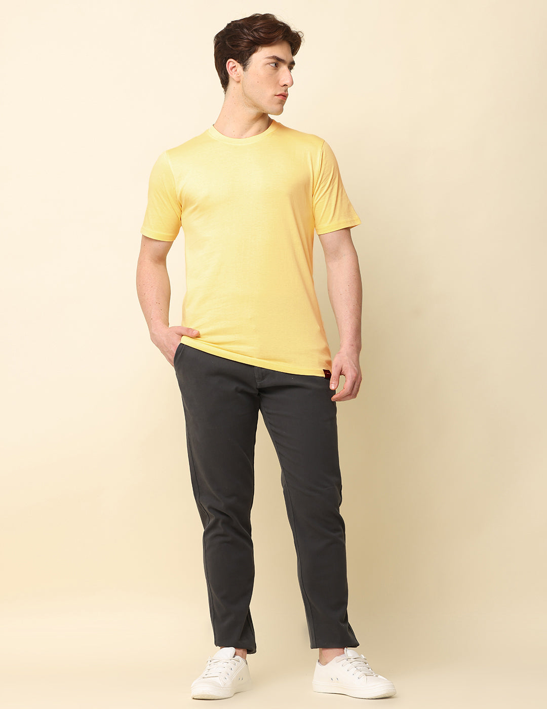 Men Light Yellow Solid Regular Fit T-Shirt