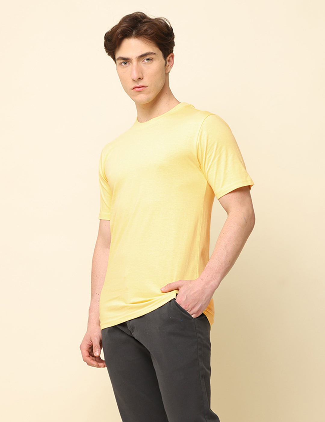 Men Light Yellow Solid Regular Fit T-Shirt