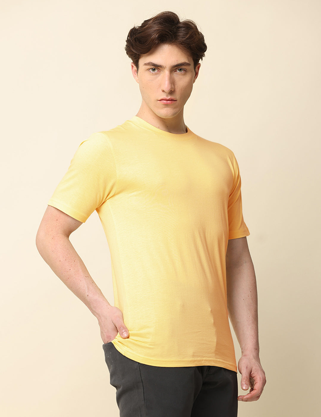 Men Light Yellow Solid Regular Fit T-Shirt