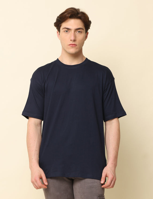 Men Navy Blue Solid Oversized T-Shirt