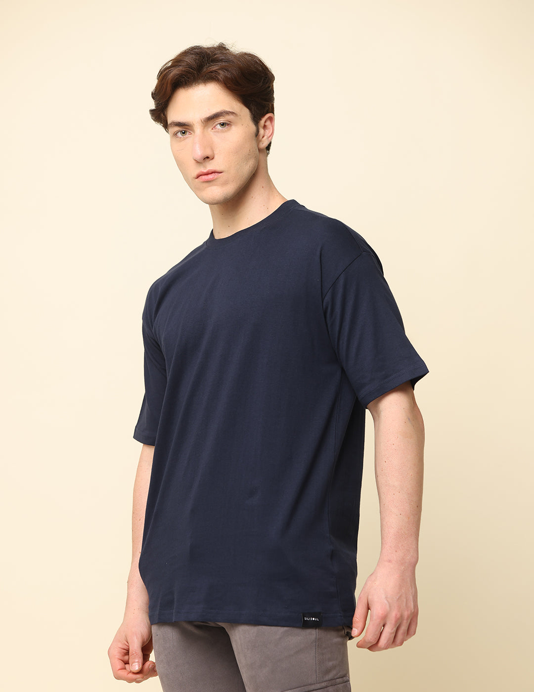 Men Navy Blue Solid Oversized T-Shirt