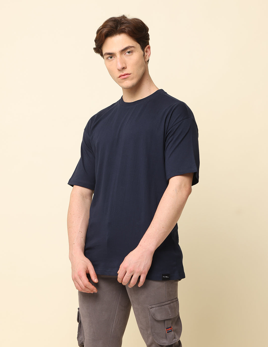 Men Navy Blue Solid Oversized T-Shirt