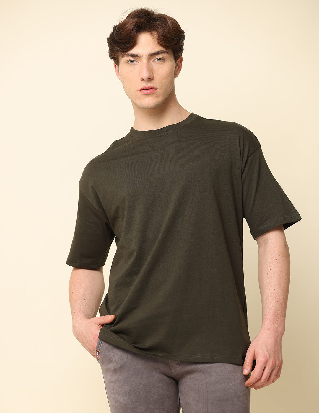 Men Dark Olive Solid Oversized T-Shirt