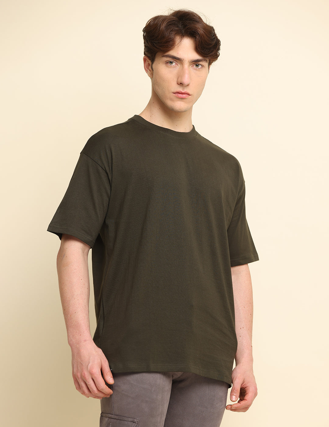 Men Dark Olive Solid Oversized T-Shirt