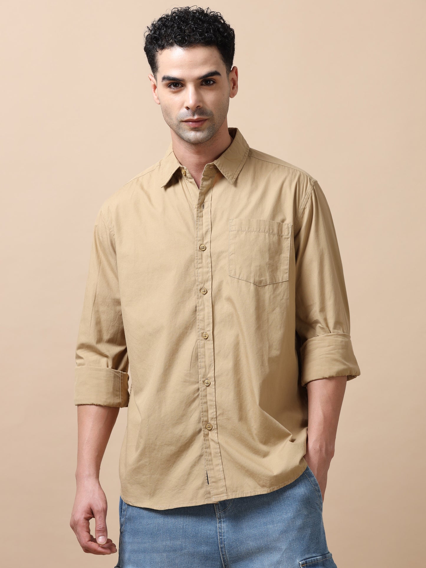 Premium Men Shirt, Regular Fit, Pure Cotton, Full Sleeve, Khaki SILISOUL