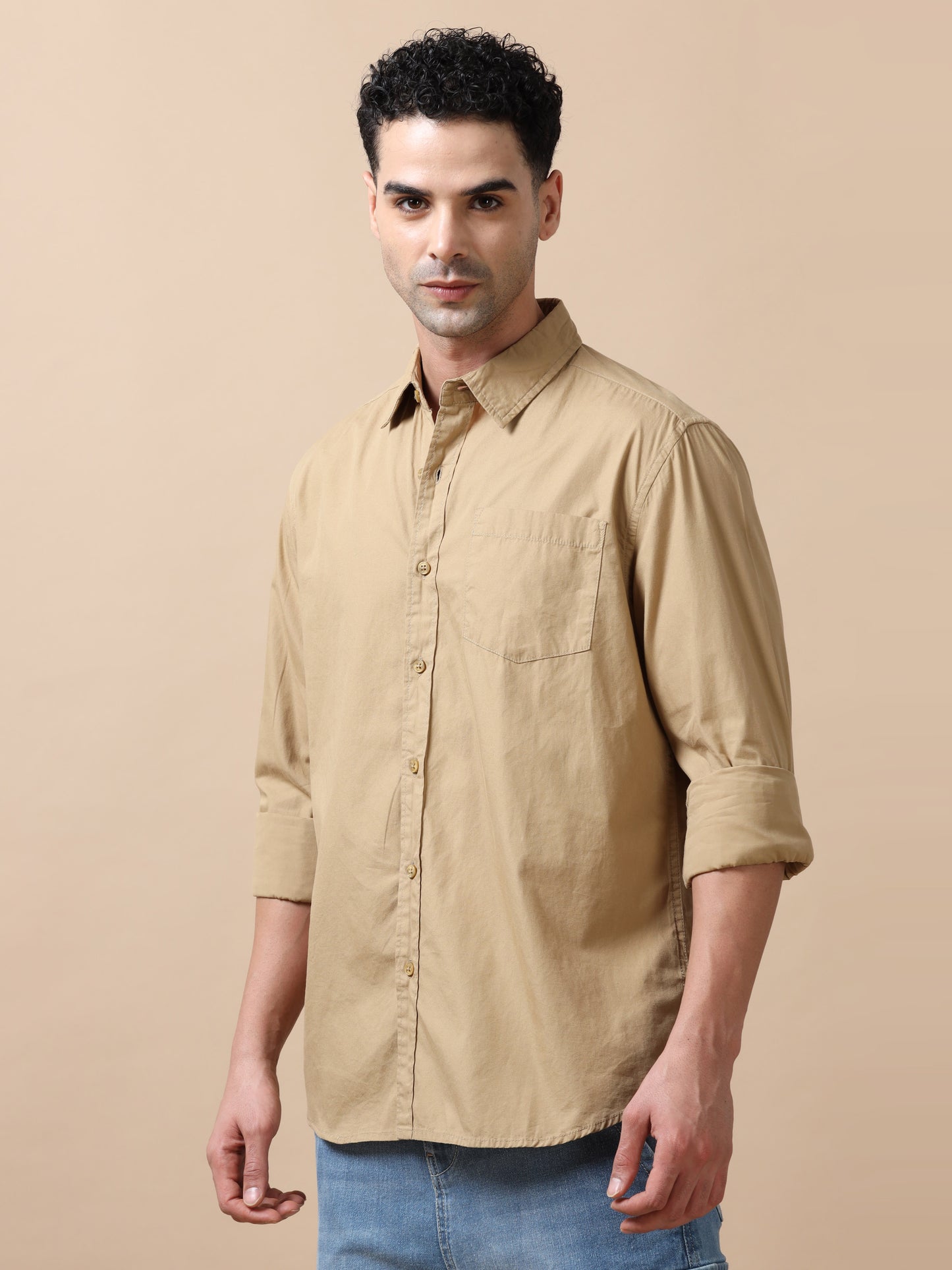 Premium Men Shirt, Regular Fit, Pure Cotton, Full Sleeve, Khaki SILISOUL