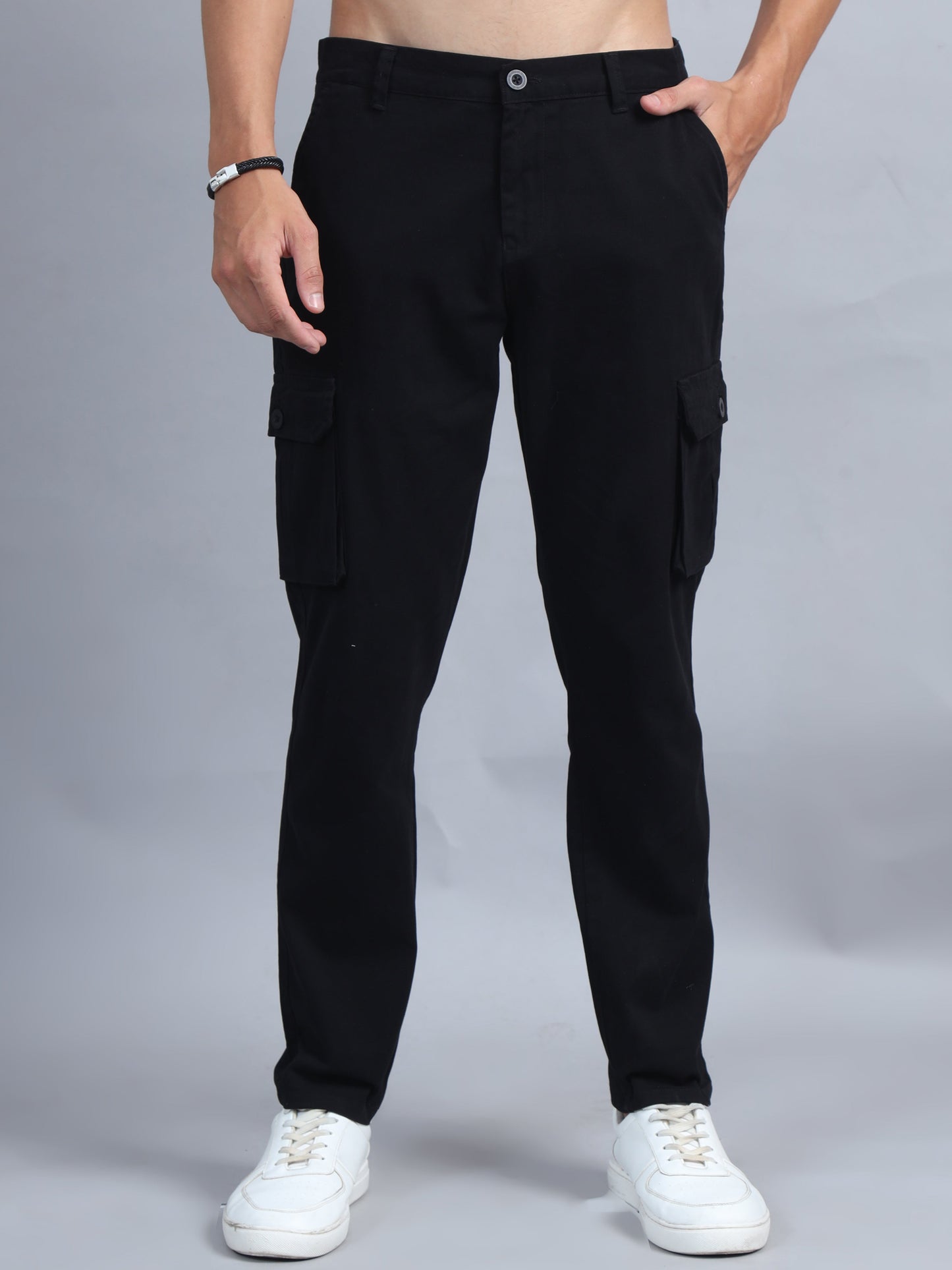 Men Cotton Regular Fit Cargo Trousers, BLACK