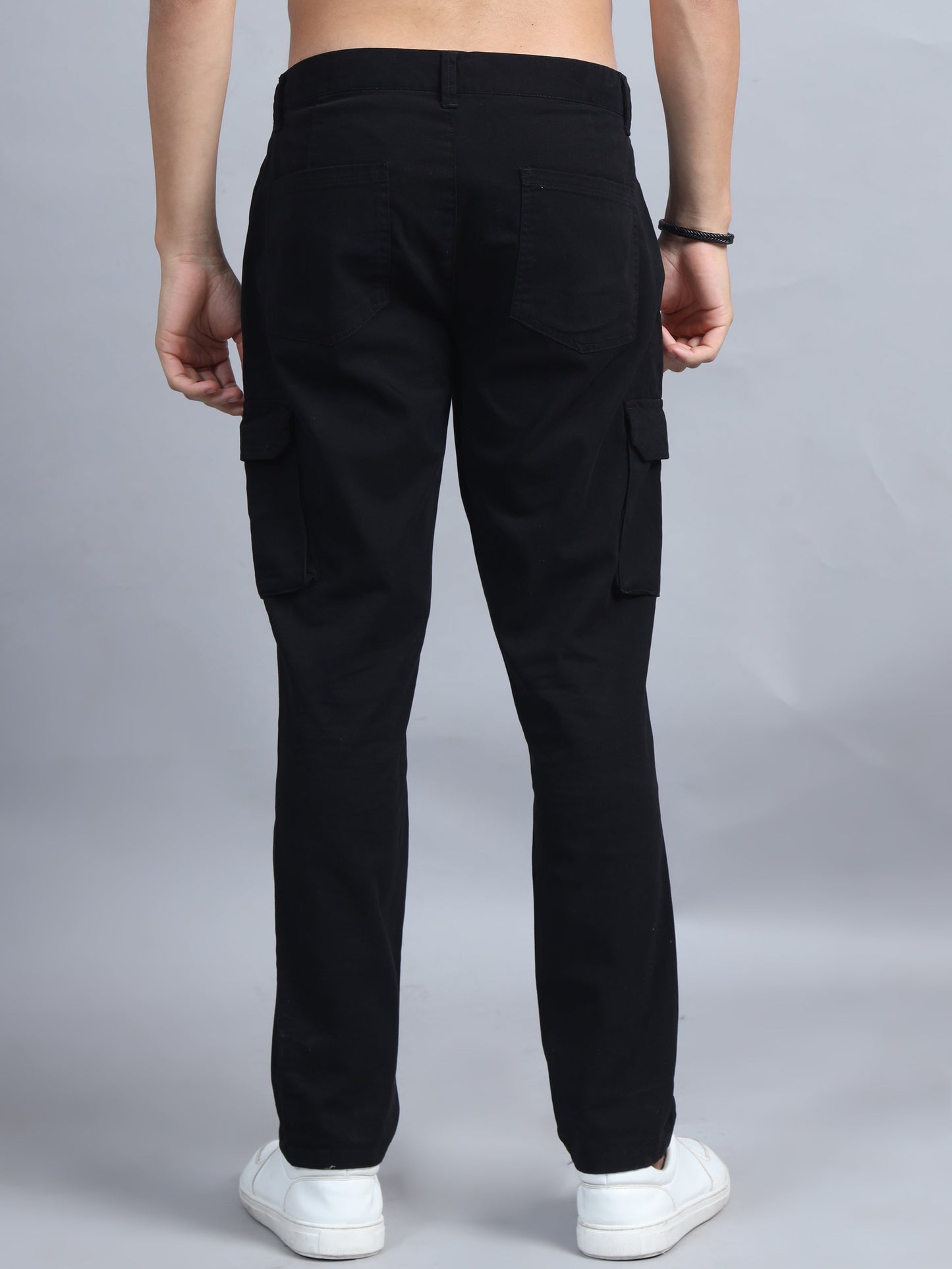 Men Cotton Regular Fit Cargo Trousers, BLACK