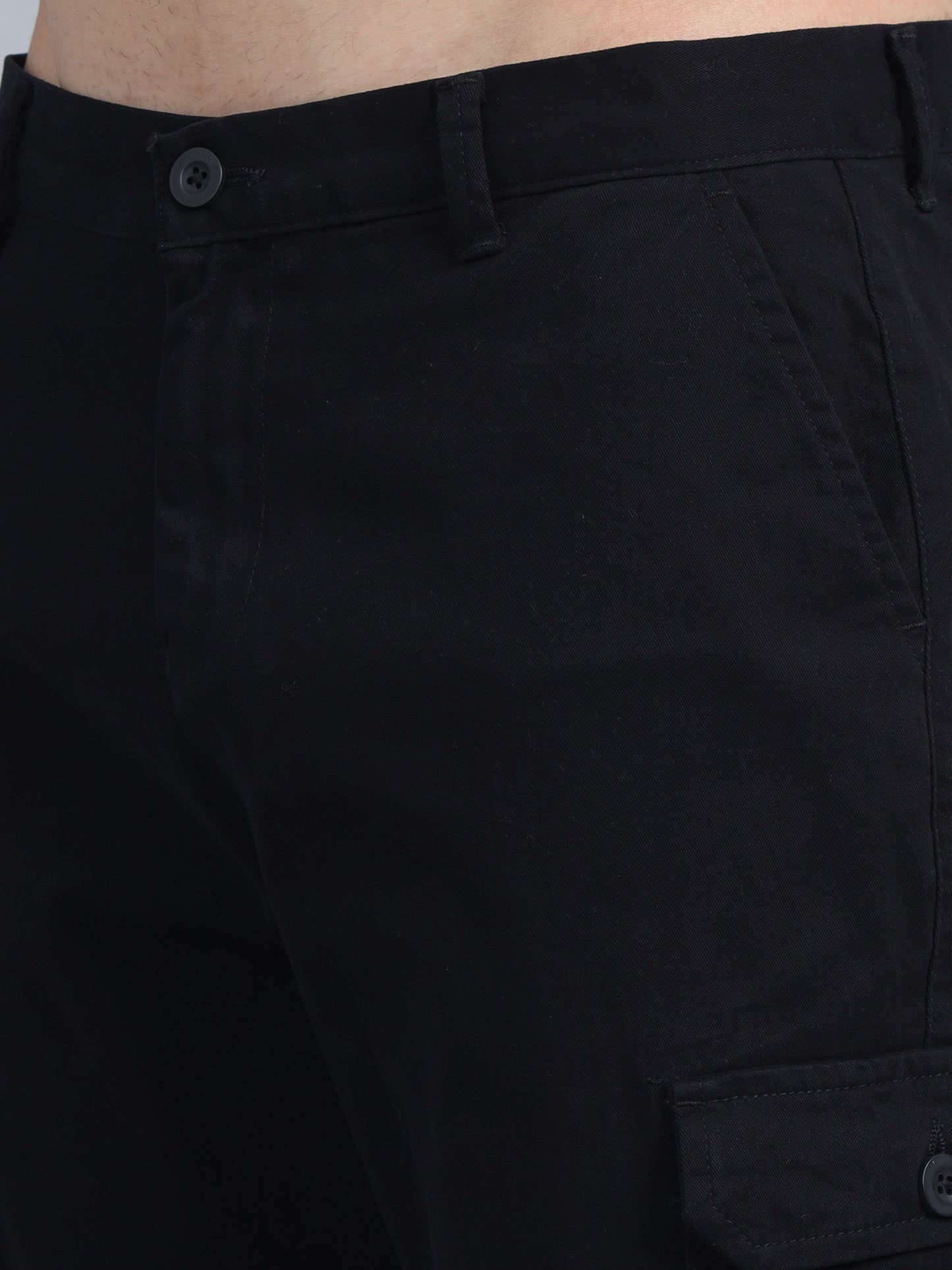 Men Cotton Regular Fit Cargo Trousers, BLACK