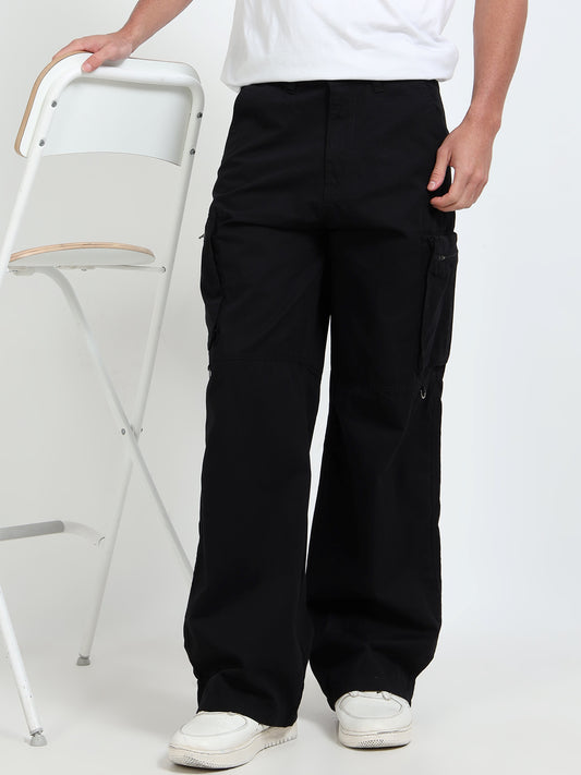 Men Cotton Baggy Fit Cargo Trousers, Black