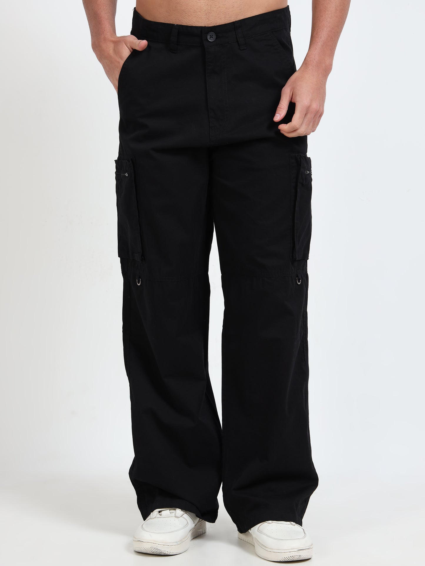 Men Cotton Baggy Fit Cargo Trousers, Black