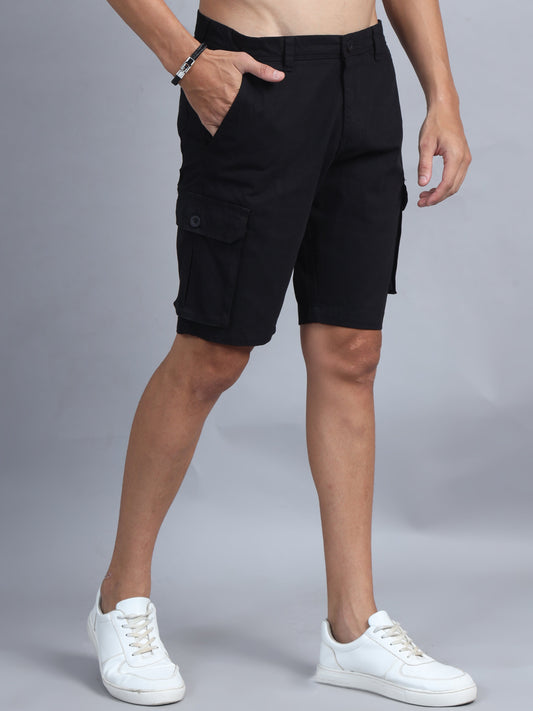 Men Cotton Regular Fit Cargo Shorts, BLACK