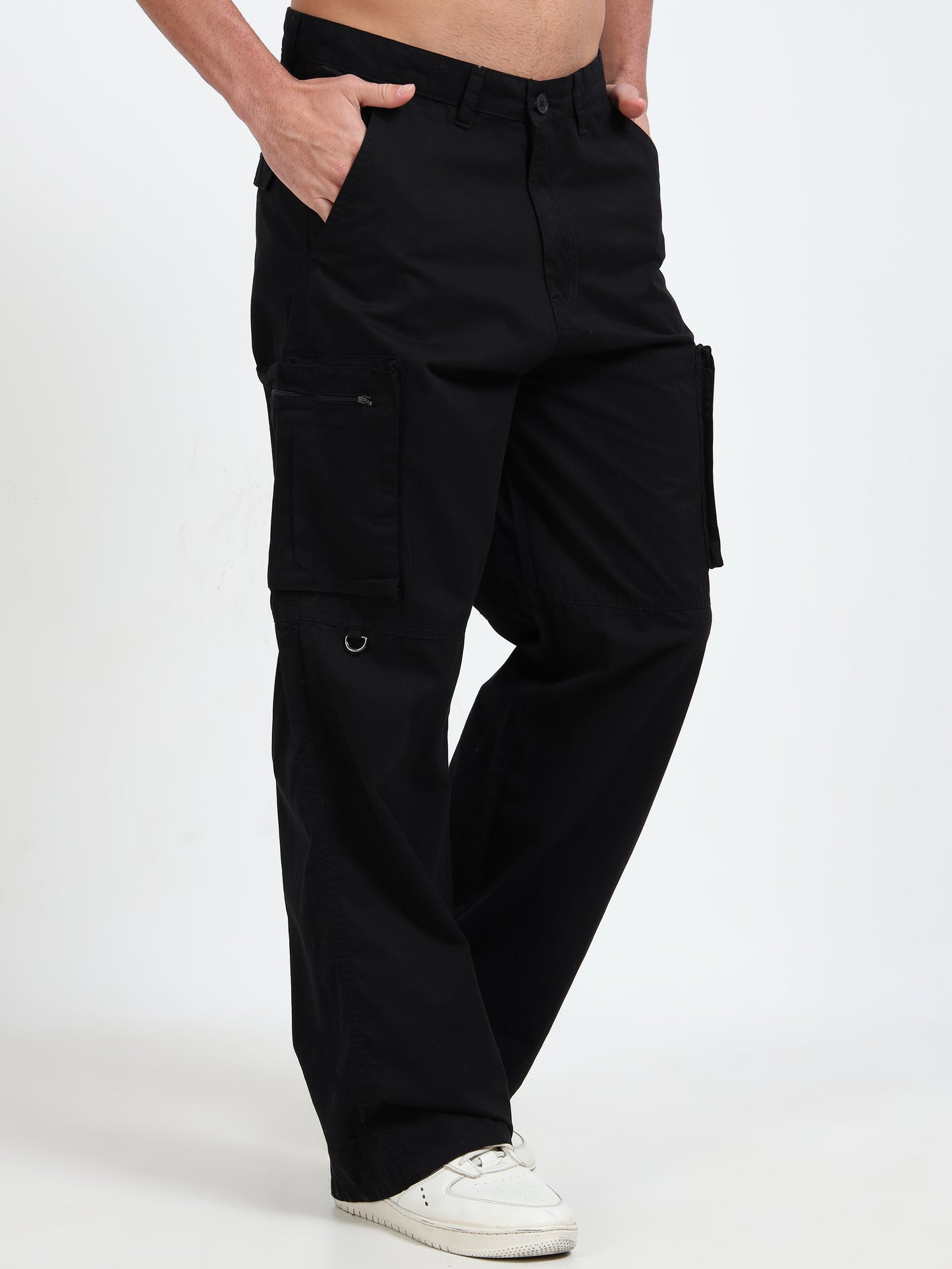 Men Cotton Baggy Fit Cargo Trousers, Black