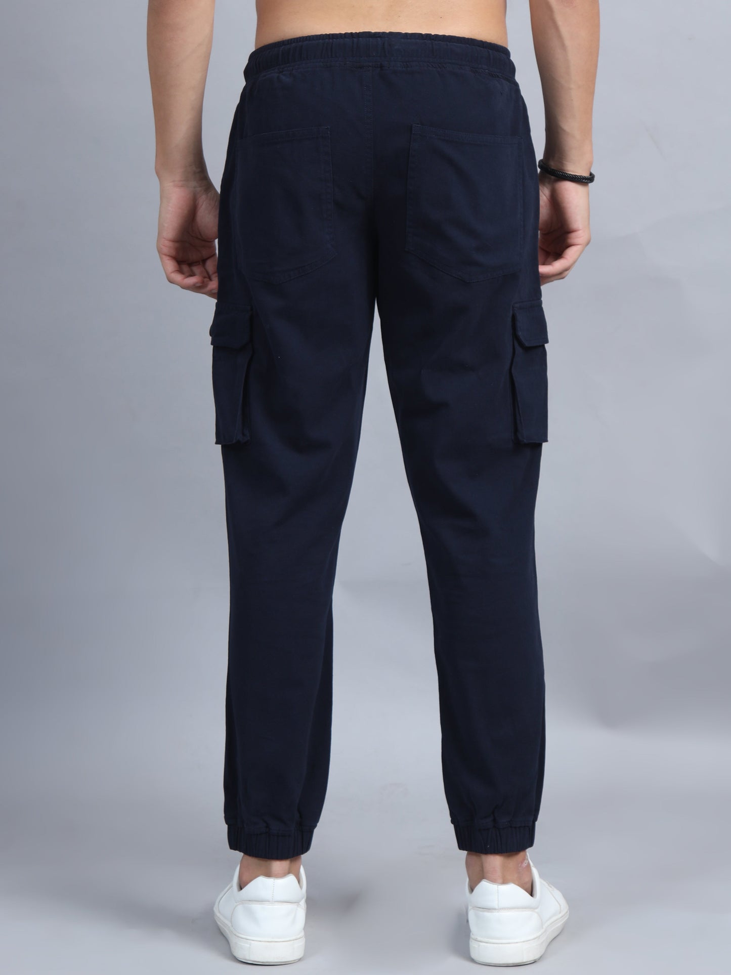 Men Cotton Regular Fit Cargo Joggers, NAVY